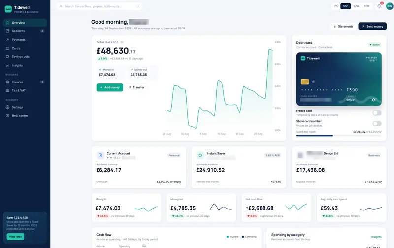 Banking app home with balance chart, debit card and accounts