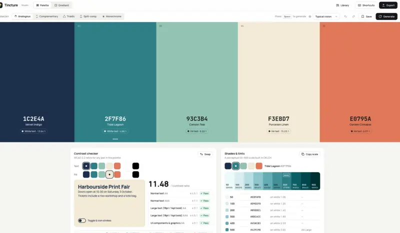 Colour palette generator with swatches and a contrast checker