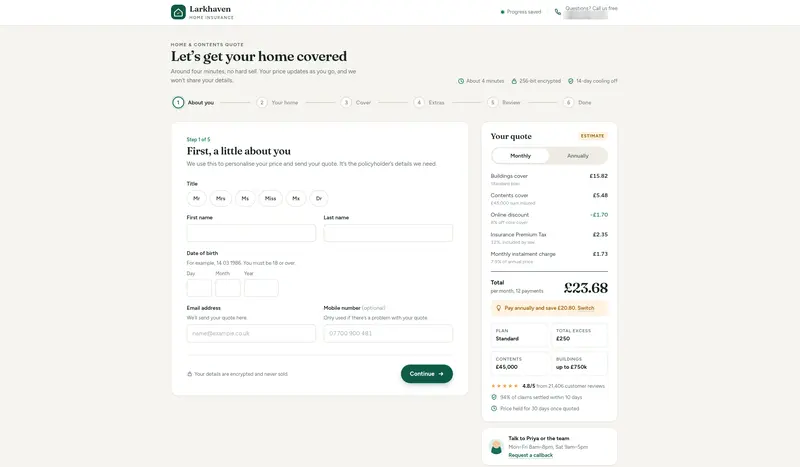 Home insurance quote form, first step, with a quote summary