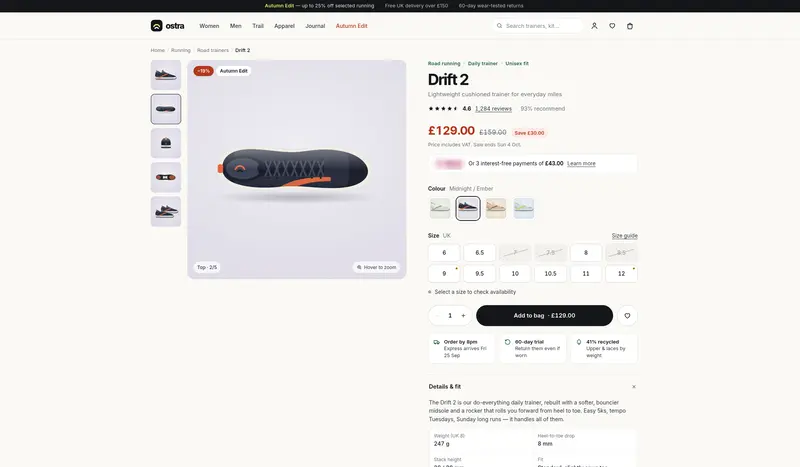 Product page for a running shoe with sizes and add to bag