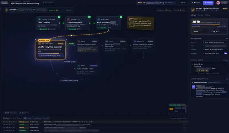 Automation canvas showing a proposal-to-contract workflow and its run log